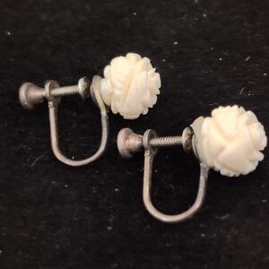 RARE Antique Pre-ban Ivory Carved Rose Flower Sterling 925 Earrings